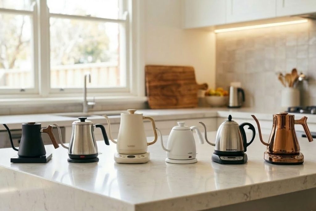 Multiple gooseneck kettles side by side in the kitchen