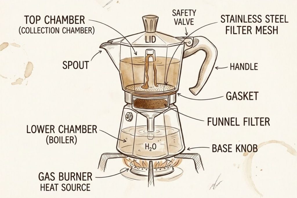 Diagram showing the parts of a moka pot including bottom chamber filter basket and top chamber