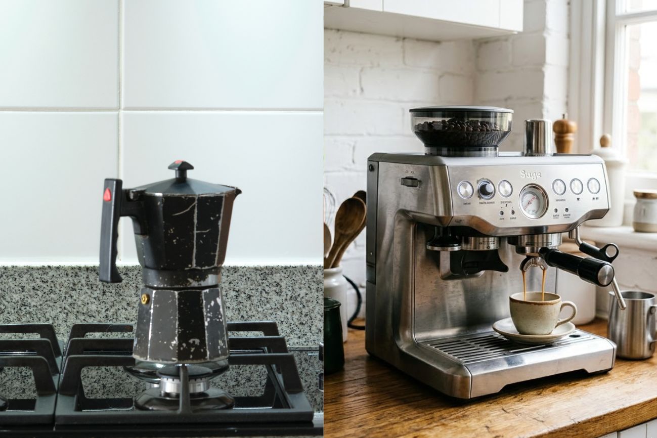 A stovetop moka pot brewing on a gas stove next to a freshly pulled espresso shot in a demitasse cup.